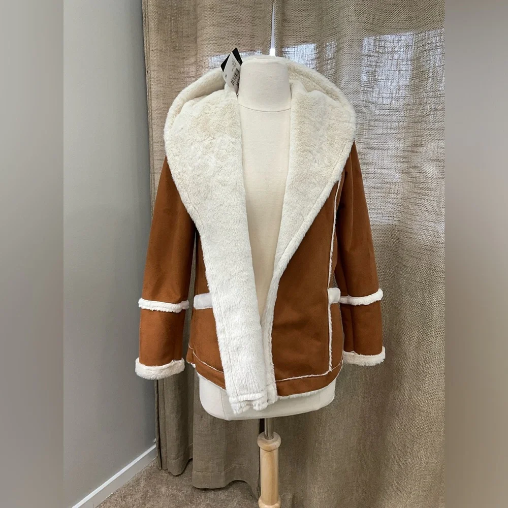 CHASER NEW Women's Whisky Brown and White Faux Shearling Jacket Size S Vegan - Picture 4 of 11